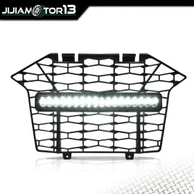 J-03hgl7101abk Jijiamotor13 Front Bumper Mesh Grille Grill With Led Light Bar Fit For 2020-2023 Polaris Rzr